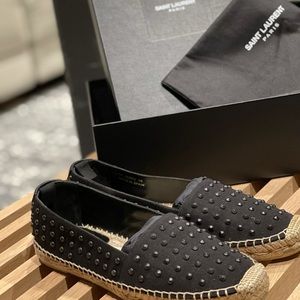 St. Laurent Espadrilles, studded black canvas.
